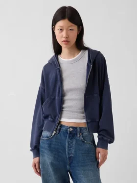 Vintagesoft Terry Oversized-Hoodie mit Keilausschnitt und Reißverschluss