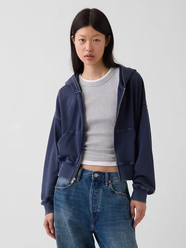 Vintagesoft Terry Oversized-Hoodie mit Keilausschnitt und Reißverschluss