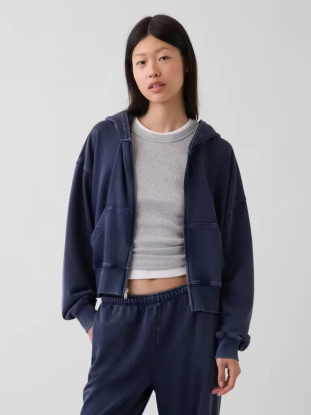 Vintagesoft Terry Oversized-Hoodie mit Keilausschnitt und Reißverschluss