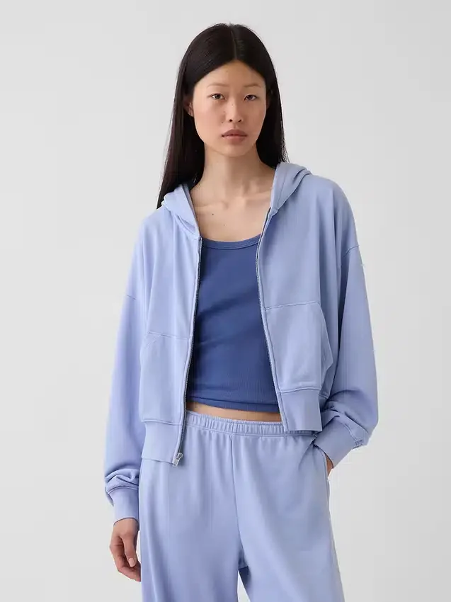 Vintagesoft Terry Oversized-Hoodie mit Keilausschnitt und Reißverschluss